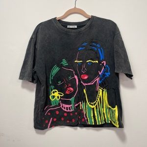 Zara Woman Face Outline Tee Grey Anthracite Extended Crop Tee in Medium